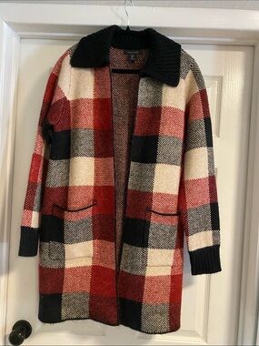 Tahari Open-Front Plaid Long Jacket - Red/Black/Cream BNWT size L